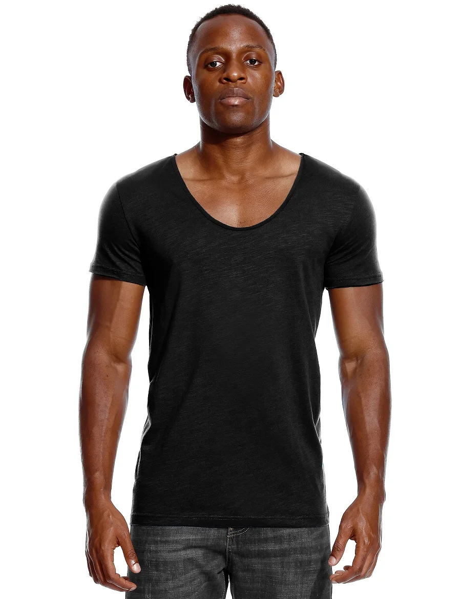 

1583 Ronde Hals T-shirt Voor Mannen Low Cut Diepe V-hals Brede Vee Tee Mannelijke Tshirt Onzichtbare Ondershirt Slim Fit korte