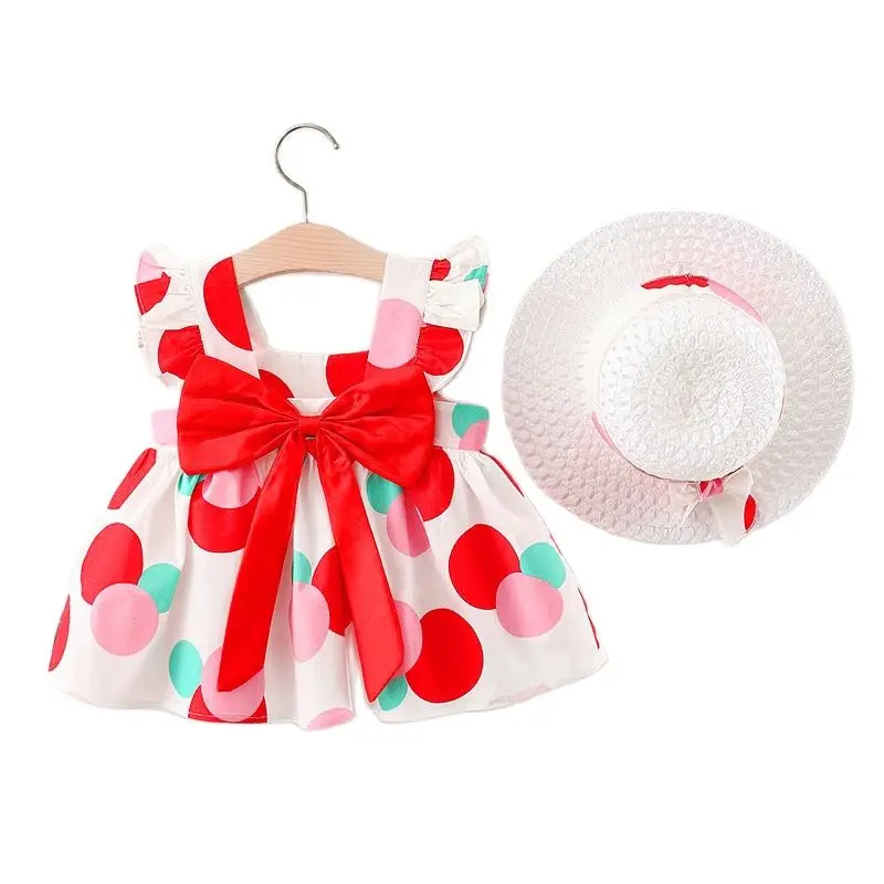 

Summer Outfit Toddler Girl Dresses Korean Fashion Cartoon Cute Print Cotton Baby Princess Dress+Sunhat Newborn Clothes Set