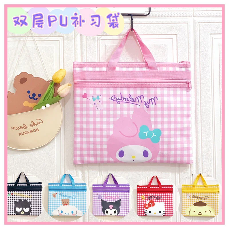 

Sanrios Kuromi My Melody Kittys Cat Kawaii Large Capacity Double Layer Storage Bag Cute PU Portable Document Bag Cartoon Handbag