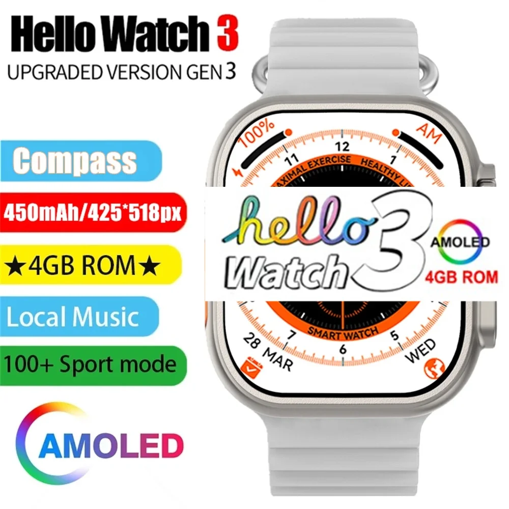 

Hello Watch 3 Ultra Smart Watch Series 8 Amoled Screen 4GB ROM Local Music NFC 173 Sport Modes Ebook Men Women SmartWatch 2023