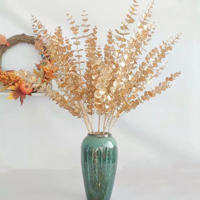 

Gloden Artificial Plants Plastic Eucalyptus Leaves Christmas Decoration Fake Flowers Wedding Party DIY Garland Holiday Flower