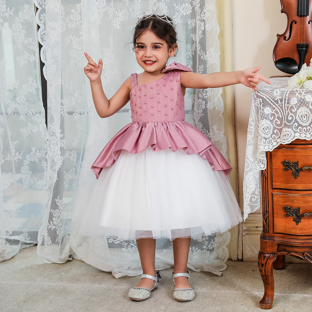 

FSMKTZ платье на одно плечо для первого дня рождения и крещения для девочек, детское кружевное свадебное платье с бусинами, вечернее платье-пачка принцессы для выпускного вечера