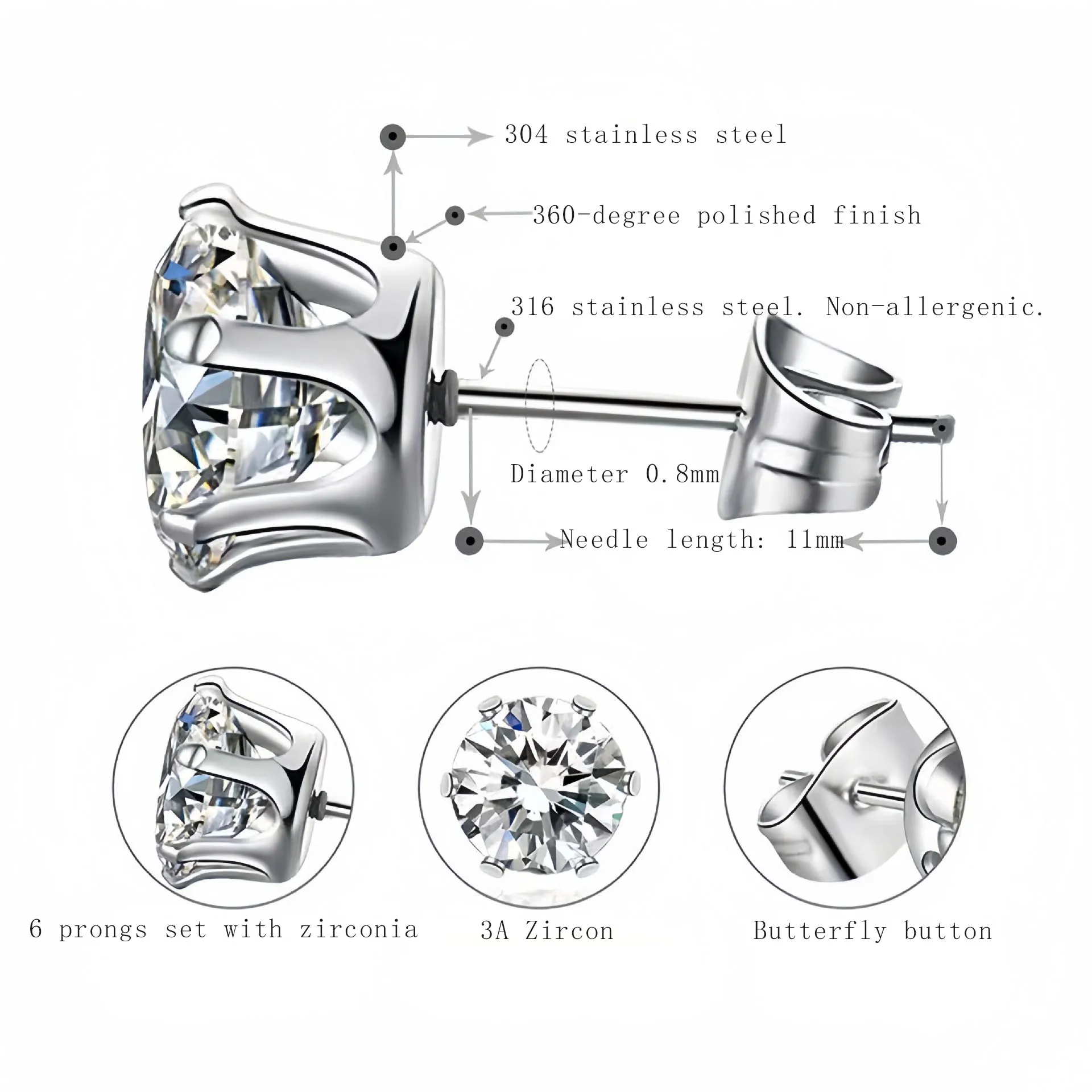 Серьги из нержавеющей стали с шестью когтями застежка-бабочка классические