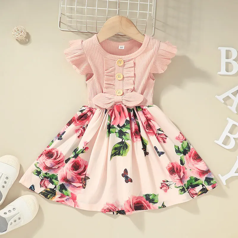 

Summer Dress 2022 New Casual Girls Children Dresses Leisure Fashion Lovely And Sweet Floral Skirt Bow Flower Pattern Decoration