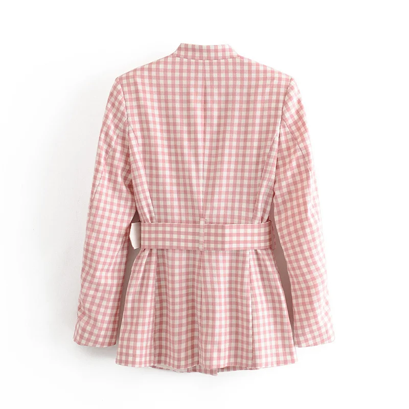 Pink Sweet Plaid Blazers with Free Sashes Women Cute Buttonless Plaid Casual Office Blazer Suit 2021 New Y2k Girl Chic Work Suit