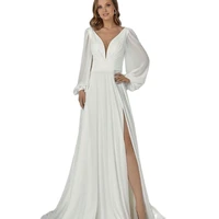 2022 simple v neck long puff sleeves chiffon a line wedding dress for bride backless high split sexy vestido de novia