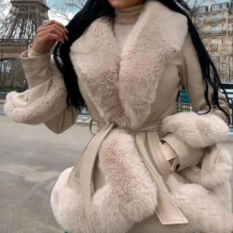 Imitation Rabbit Skin Fur Coat Women Winter Jacket Plus Size Lace-UP Waist Warm Long Jacket High Quality Female Plush Coat