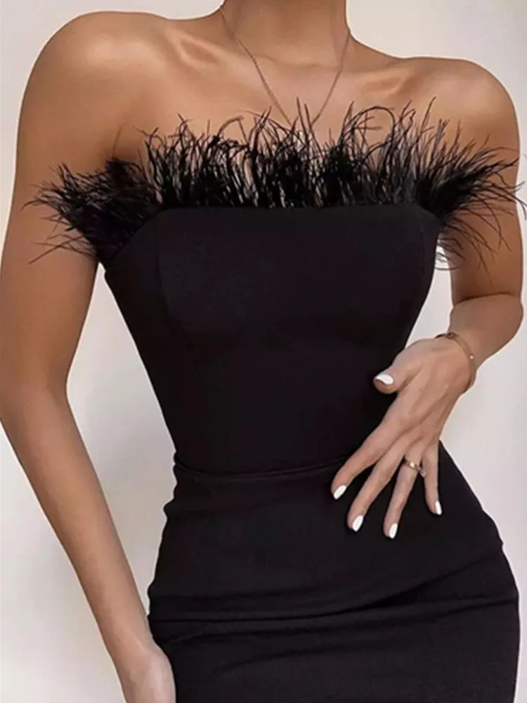 New Summer Sexy Strapless Backless Feather Black Midi Women Bodycon Bandage Dress 2022 Designer Fashion Party Club Dress Vestido