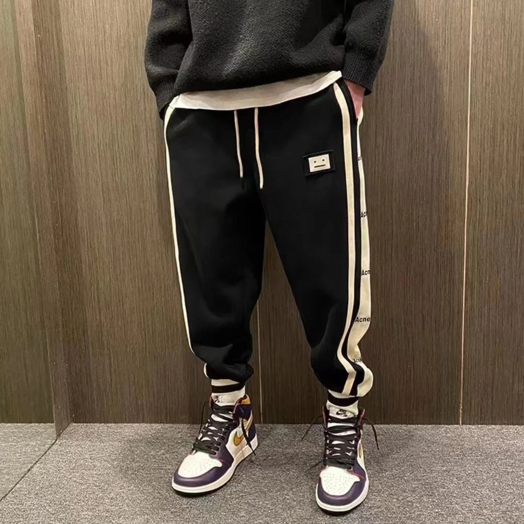 

22SS New AC Studios Smiley Face Logo Stripe Puller Print Logo Pants acne Thread Design Leggings Color Contrast Pants