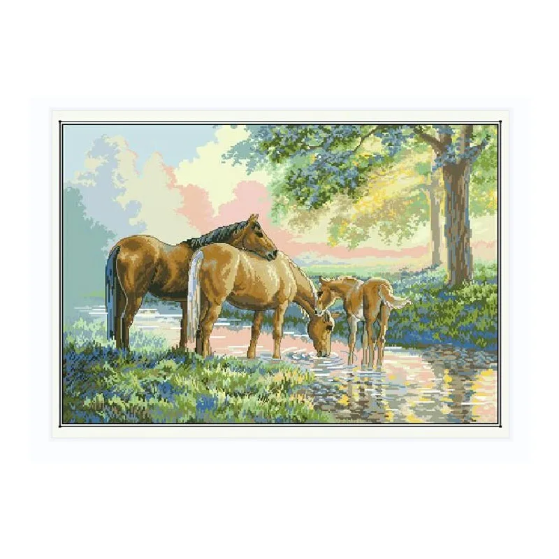 

MM High Quality cross stitch kits counted cross stitch kit horses by a stream horse family three horses Dim 35174