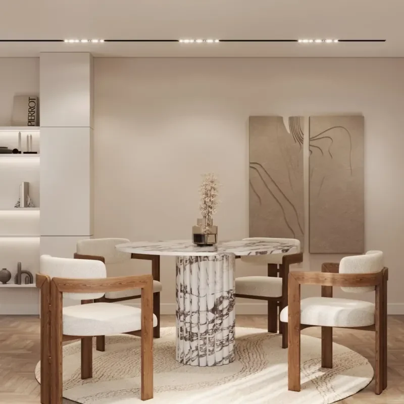Фото Обеденный стол Kumusi Furniture Lorenzo Calacatta Viola круглой формы с рифленым основанием №2