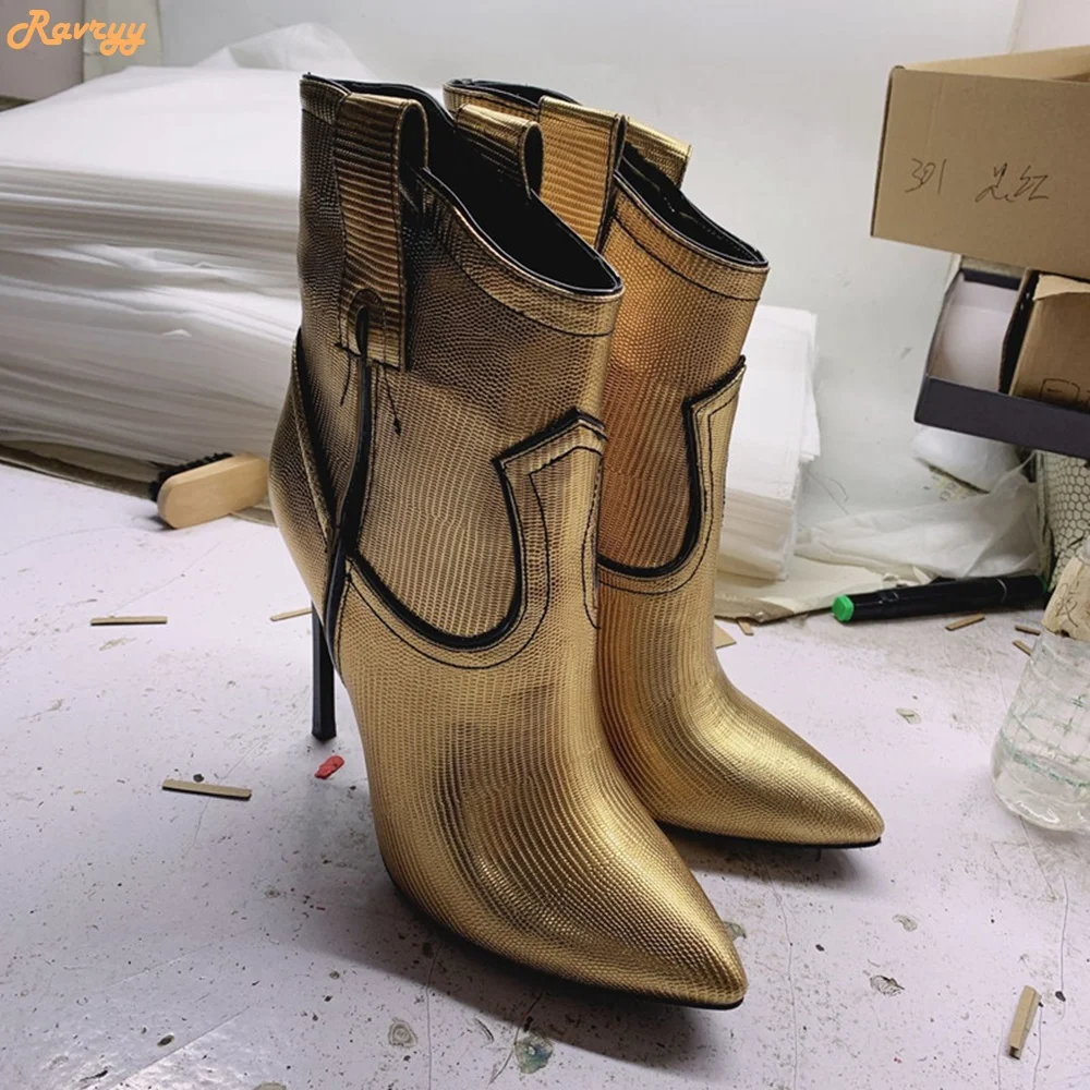 Gold Fashion Splicing Boots Pointed Toe Stiletto Heel Slip On Ankle Boots Women Large Size Short Boots 12cm Heel