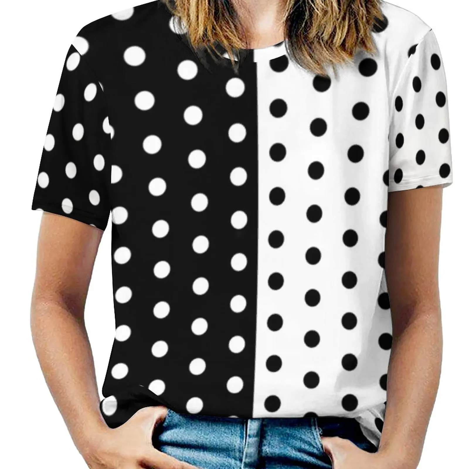 

Retro Two Tone T-Shirts Black And White Spotted Street Wear T-Shirt Short Sleeves Vintage Big Size Tees Summer Print Tops Gift