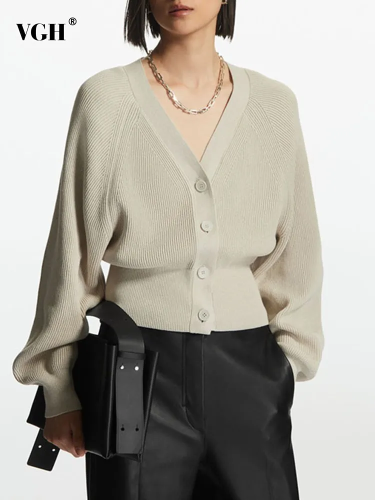 

VGH Solid elegant Knitting Sweaters For Women V Neck Long Sleeve Single Breasted Casual Sweater Female 2023 Autumn Clothing New