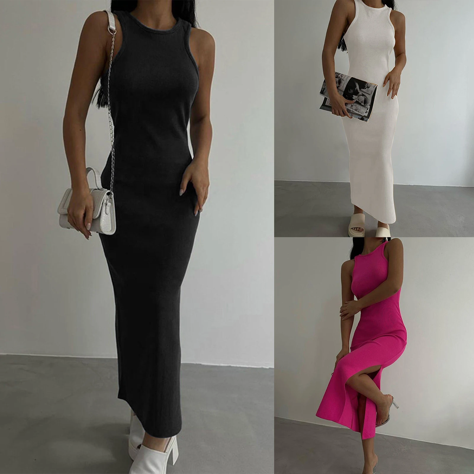 

Crew Neck Midi Dress Women Sexy Maxi Dress Knitting Slim Solid Casual Dresses Simple Ladies Dress Tank Top Dresses