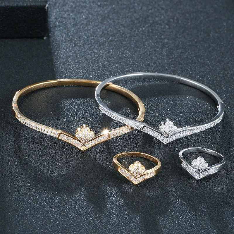 

Women’s Minimalist Flower Crown 2PCS Atmospheric Geometry Bracelet Ring Set AAA ZIRCON Party Gift Accessories