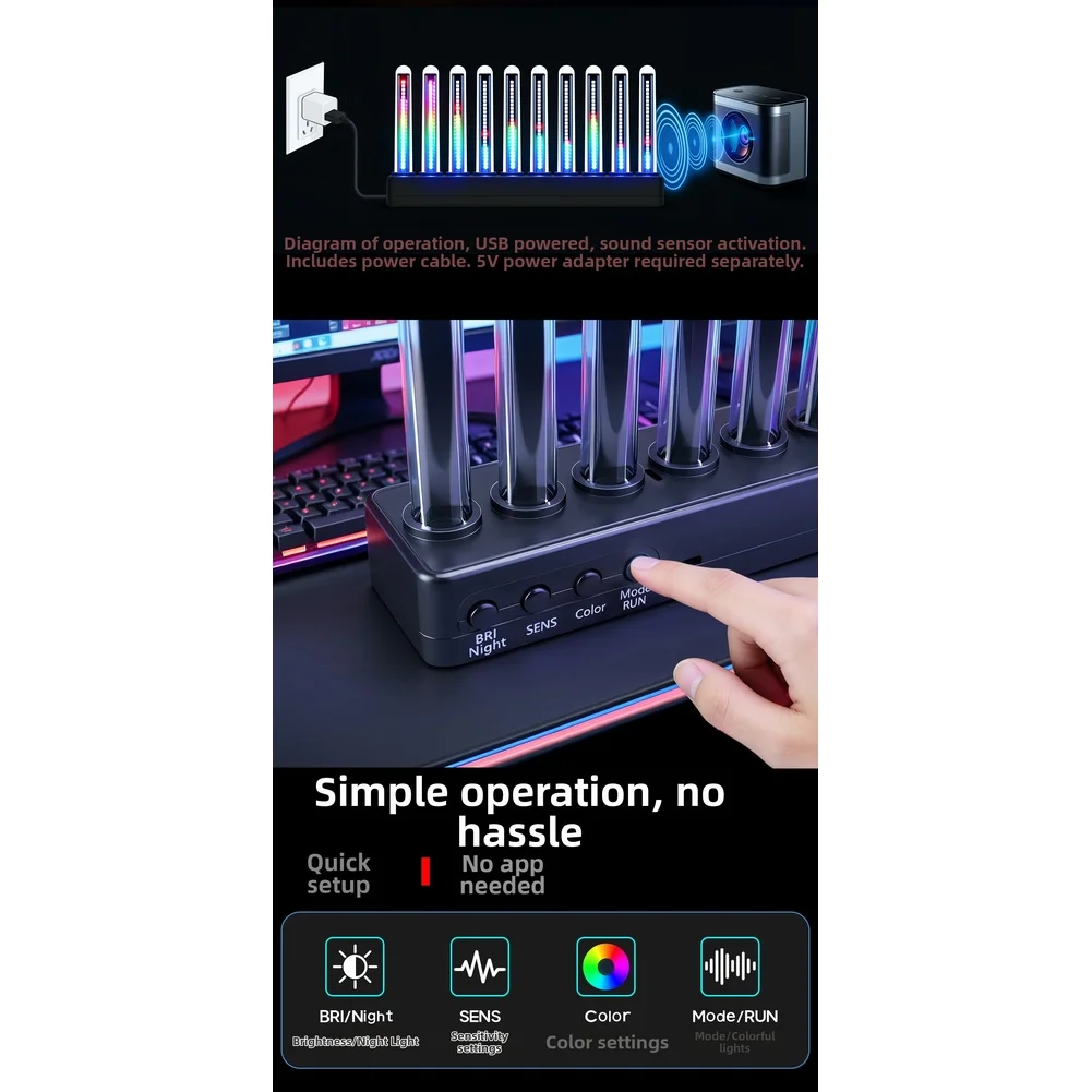 Фото Звукоактивируемая светодиодная RGB-лента 18,5*3,7*9,5 см, с эффектами точечного и прокручивающегося света, 8 уровней яркости №1