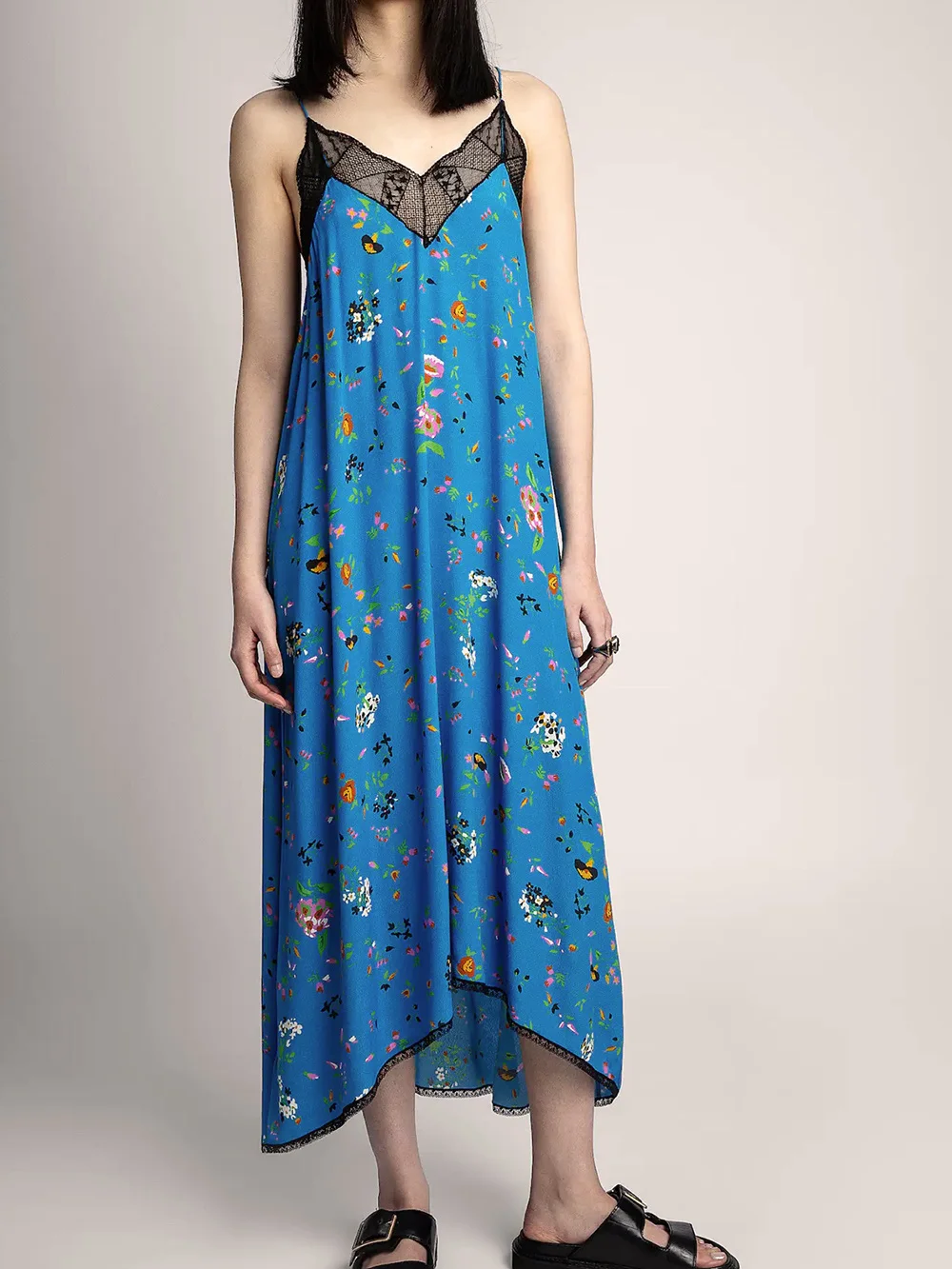 2023  Flowers Graphic Print Women Dress Summer V-Neck Lace Lady Slip Long Skirt Casual Classic Dress Femme