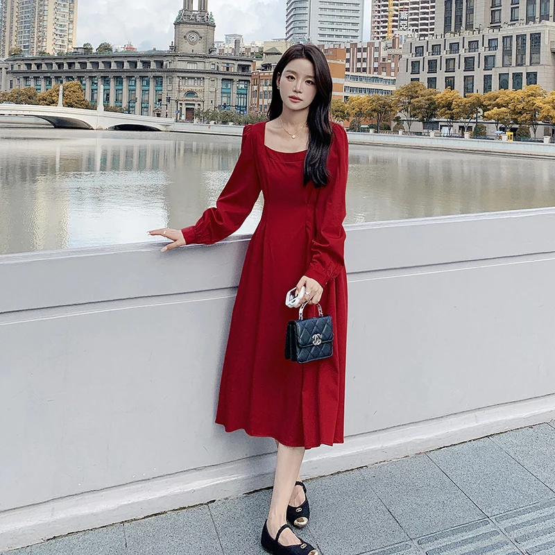 

Женское облегающее платье во французском стиле, элегантное красное платье-трапеция с квадратным вырезом и длинным рукавом, модель Q249 на осень, 2023