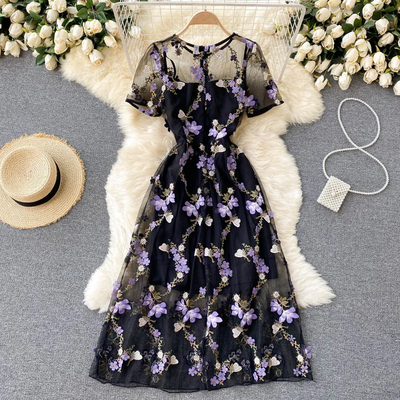 

Женское Сетчатое платье макси с цветочной вышивкой, летнее платье из тюля с круглым вырезом и коротким рукавом, элегантное вечернее платье, длинное платье для женщин