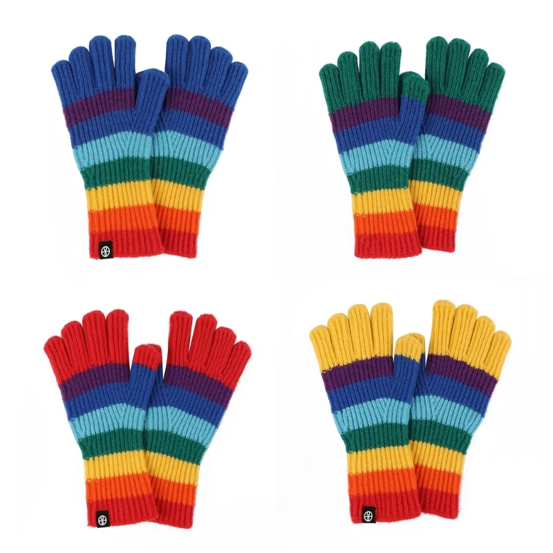 

Симпатичные Полосатые варежки для сенсорного экрана радужные цветные варежки с полным пальцем для взрослых