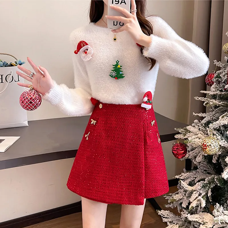 

Женский комплект из двух предметов, Рождественский декоративный трехмерный свитер и шорты с высокой талией, 2022