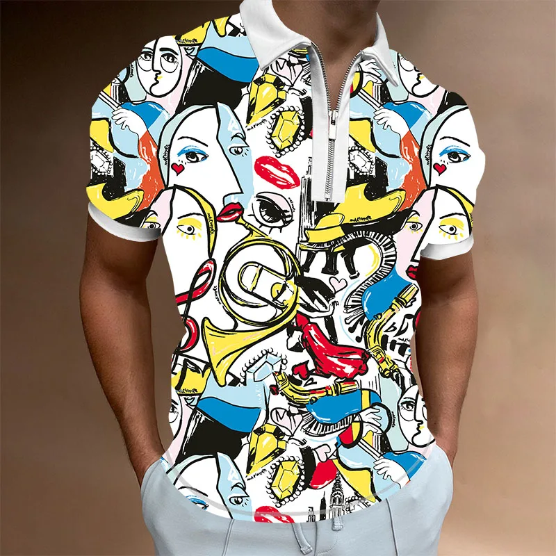

Summer New Polo Shirts Men Short Sleeve Casual Polo Fashion Zip-up Pullover Tees Shirt Men's Vintage Printing Tops Streetwear