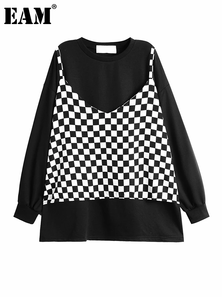 

[EAM] Women Black Plaid Big Size False Two Casual T-shirt New Round Neck Long Sleeve Fashion Tide Spring Autumn 2023 1DE5003