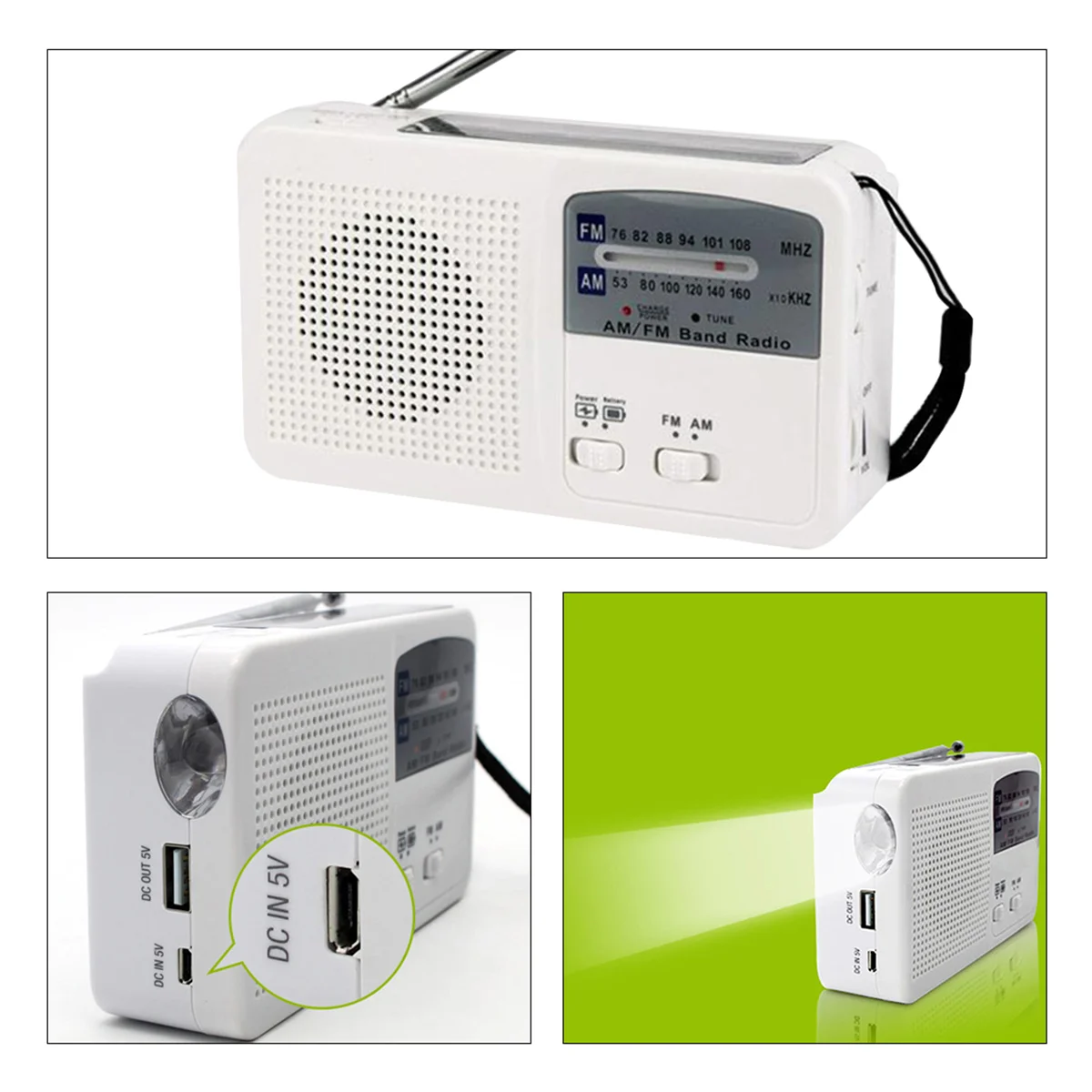 

Portable Useful Emergency Radio with Solar and Hand Crank Self Powered Battery USB Recharging FM/AM Radio LED Flashlight Cell