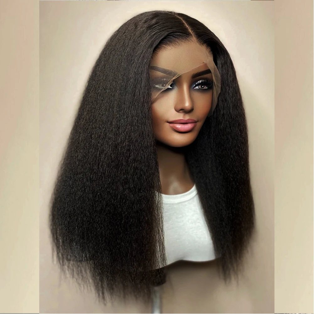 

Yaki 180% Density Blunt Long Kinky Straight Synthetic Lace Front Wig For Black Women Cosplay Heat Resistant Natural Hiarline
