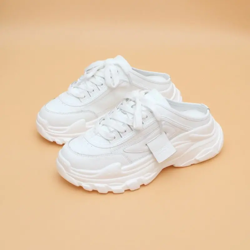 Genuine Leather Heel-Free Dad Shoes 2023 New Thick Bottom Candy Color Leisure Pump Half Slippers Women's Outer Wear