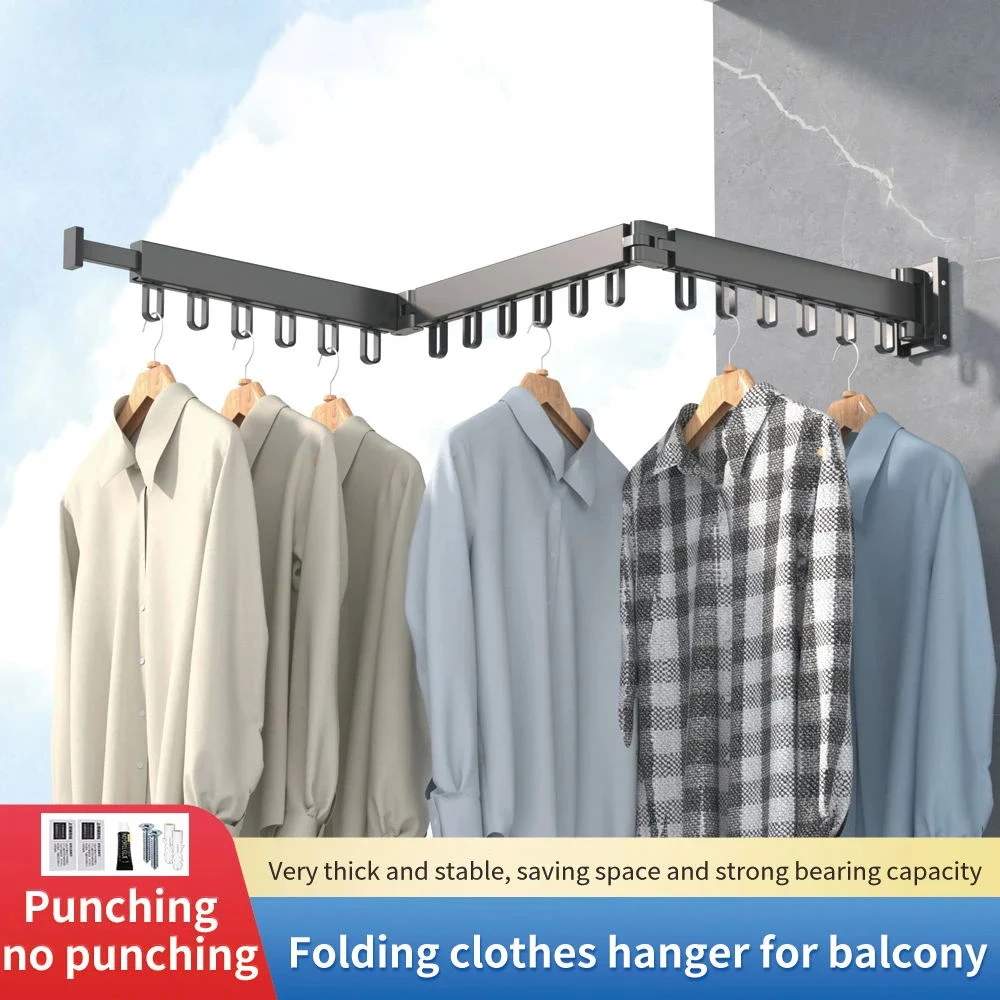 Retractable Cloth Drying Rack Folding Clothes Hanger Wall Mount Indoor & Outdoor Space Saving Aluminum Home Laundry Clothesline