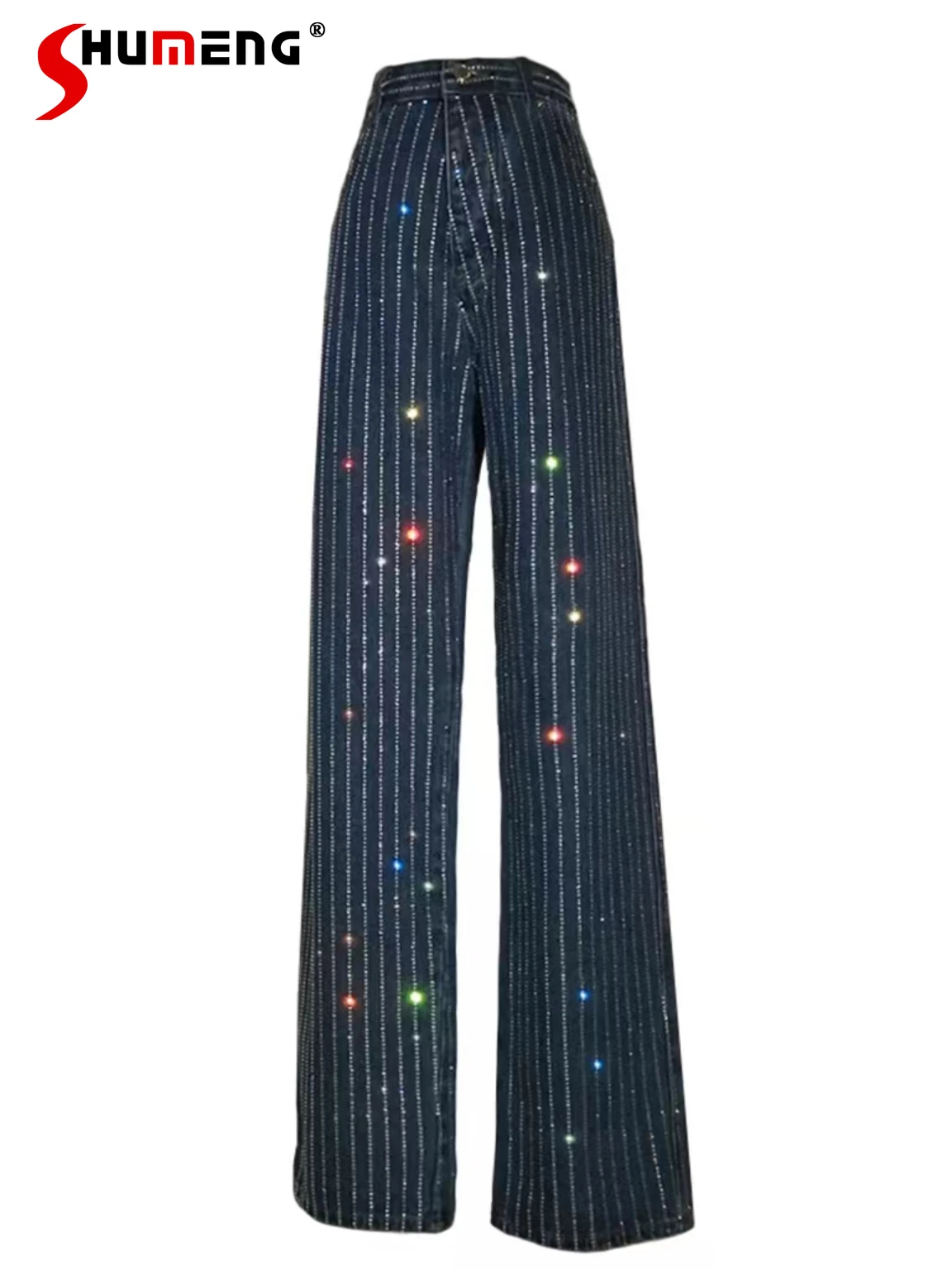 2022 Spring Summer New Fashion Loose Denim Pants All-Matching Striped Rhinestone Jeans High Waist Straight Mopping Trousers
