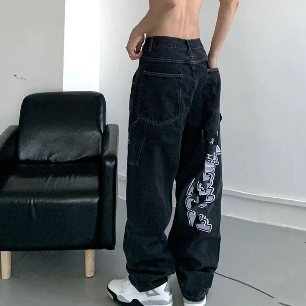 

Men Jeans Straight Denim Pants Solid Color Relaxed Fit Baggy Jeans