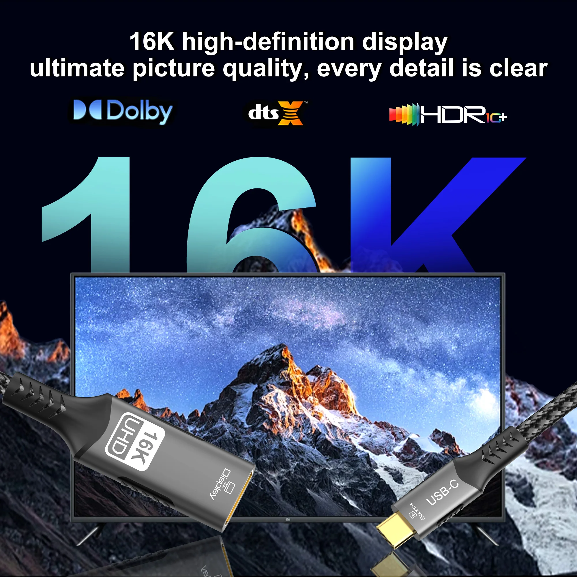 Фото Кабель 16K Type C — DisplayPort Переходник USB C «папа» — «мама» DP 80 Гбит/с (DSC) DP 2.1 для игрового монитора, ноутбука, ПК, ТВ №4