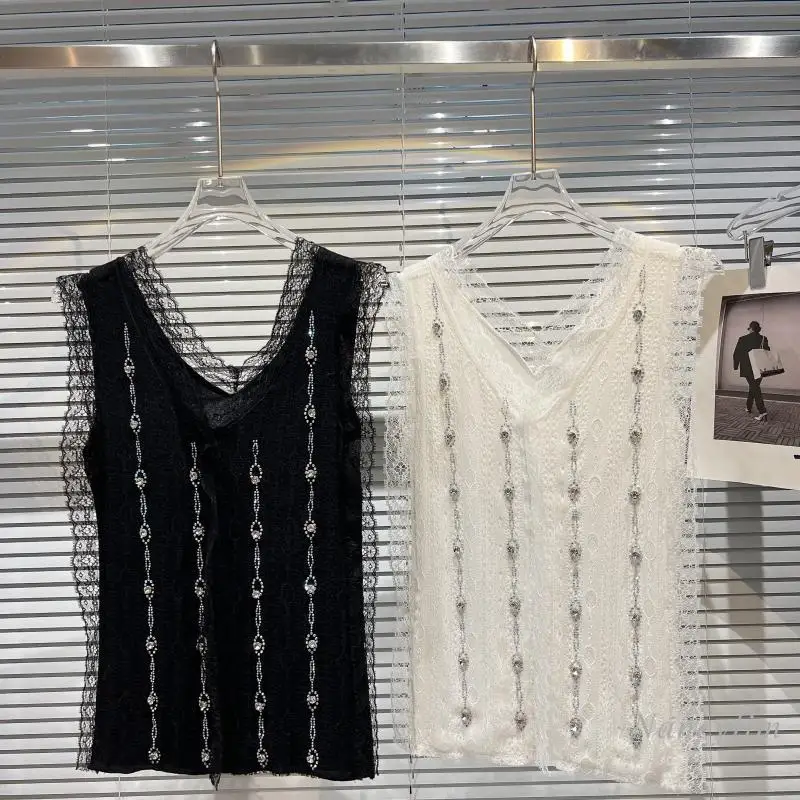 

Women's Crop Top for Women 2022 Spring Summer New Classic Style Rhinestone Beaded Lace Edge Stretch Slim Tanks White Black