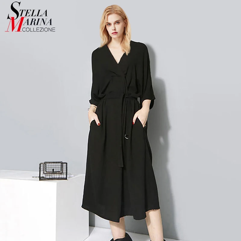 

Новинка, женское осеннее шифоновое платье черного размера плюс с поясом и v-образным вырезом, с рукавом до локтя, Повседневная Шифоновая тун...