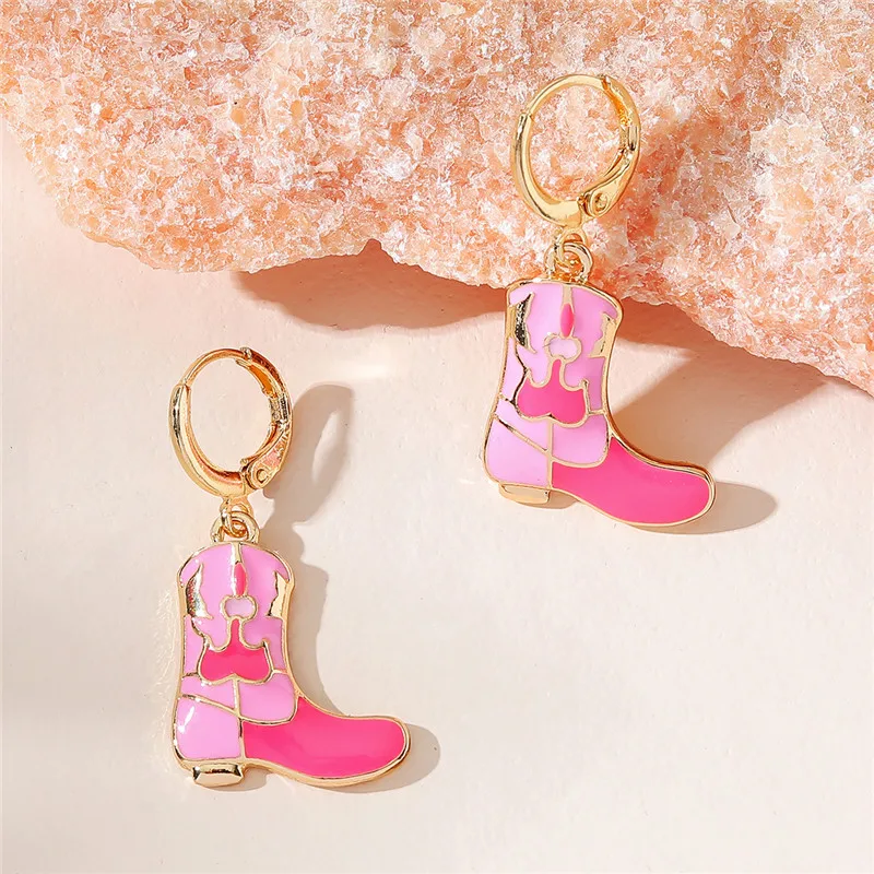 

Enamel Cowgirl Boot Huggies Earrings - Purple/Pink Bachelorette Party Earrings Country Western Style Hoop Cowboy Boot -Gold Edge