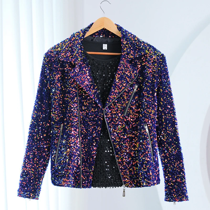 

Men Shiny Colorful Sequin Motorcycle Zip-up Sequin Jacket 2023 New Party Wedding Stage Prom Glitter Sequins Jacket Costume Homme