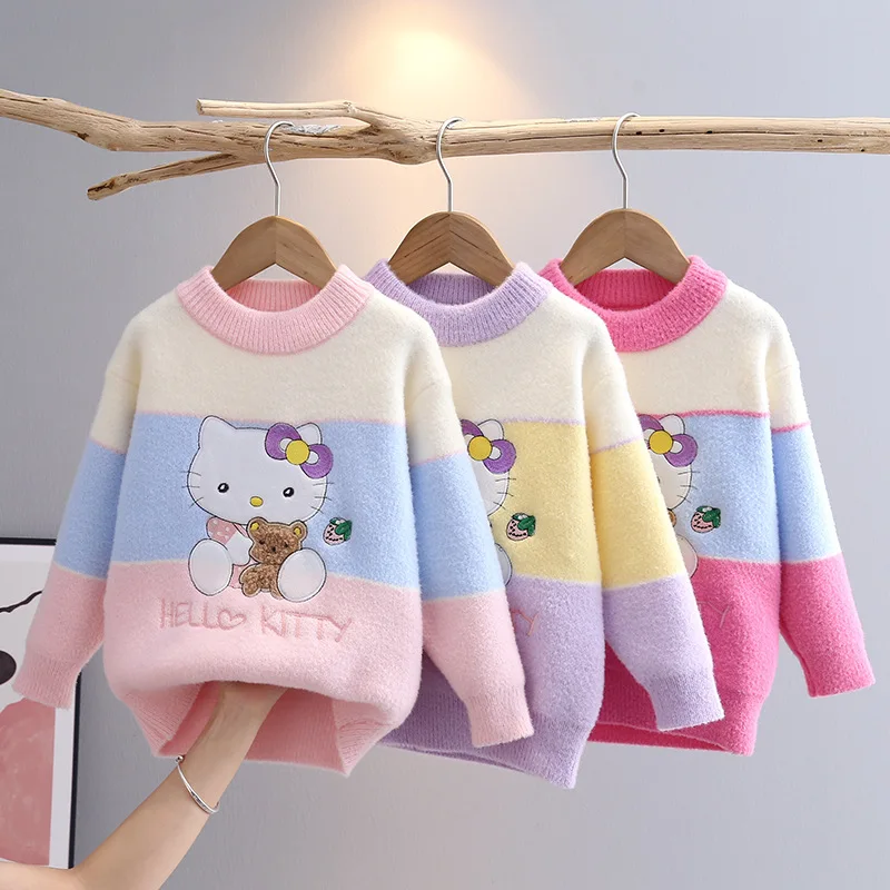 

Kawaii Sanrio мультфильм Hello Kitty девочки свитер пуловер норковый бархат осень и зима милый ребенок вязаный детский свитер