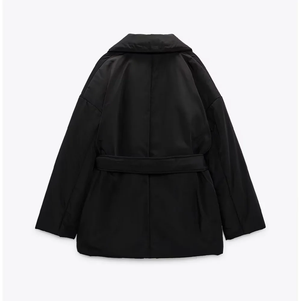 Autumn and winter new fashion women's all-match design sense black lapel long-sleeved belted padded jacket coat