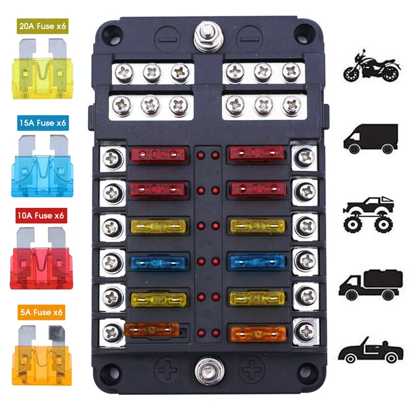

Набор блоков предохранителей для автомобиля, 6 каналов, 12 каналов, со светодиодным индикатором