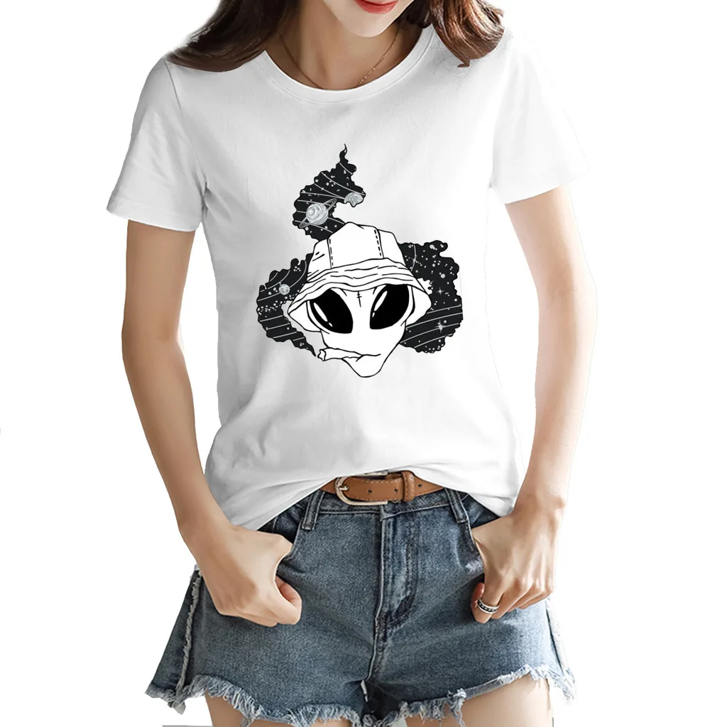 

Alien Smokin Up Space Essential Women's T-shirt Cute White Funny JokeRound neck Tops Tees European Size