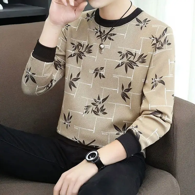 

Tops Sweater All-match Clothing Korean Loose 2022 New O-neck Pullovers Autumn Men's Printed Stylish Casual Warm Spliced Knitted