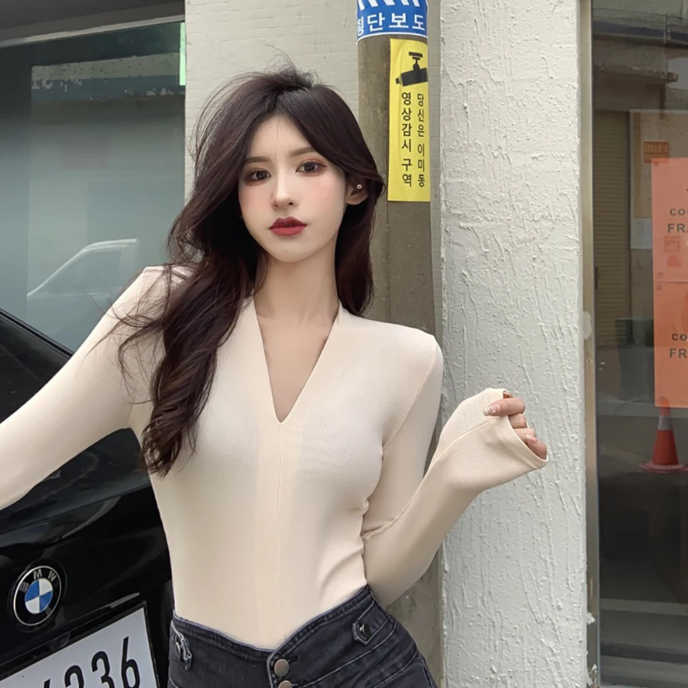 

Spring New Women's Slim Elastic Inside Take V-Neck Leggings Pure Wind Sexy Long-Sleeved Sweater Wear Japanese And Korean Style