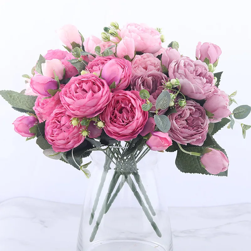 

Rose Pink Silk Bouquet Peony Artificial Flowers 30cm 5 Big Heads 4 Small Bud Bride Wedding Home Decoration Fake Faux Gift Party