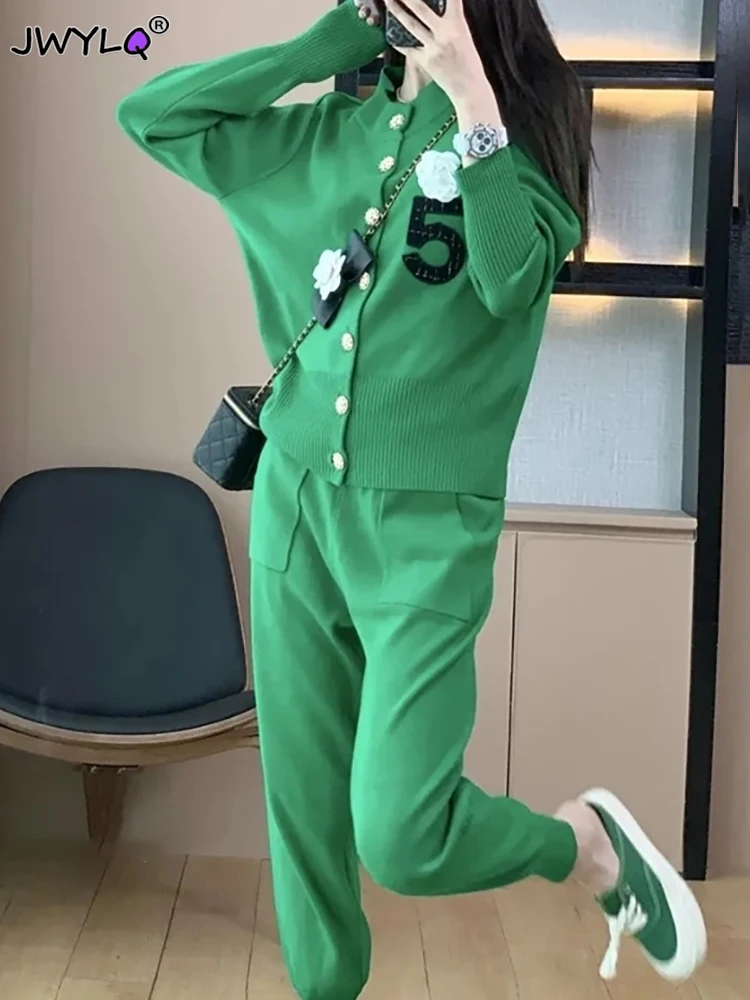 Casual Long Sleeve Knitting Sweater Two Piece Sets Women Korean O-neck Cardigan+ Knitted Harem Carrot Pants Outfits Tracksuit