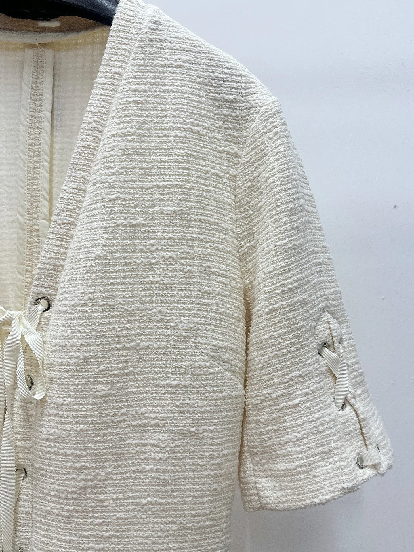 

Women Tweed Dress Drawstring Decoration Short Sleeve V-Neck Elegant Mini Robe