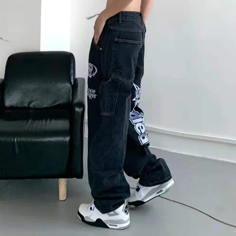 N GIRLS Retro Pockets Letter Embroidery Ripped Casual Jeans Men Straight Wide Leg Pant Women Harajuku Oversize Streetwear Denim