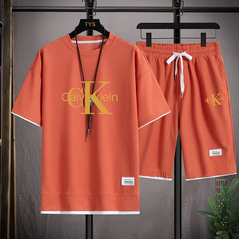 Spring and summer, men's T-shirts and shorts, made of waffle material, are fashionable and exquisite, casual and comfortable,